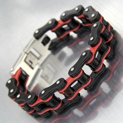 Pulseira masculina pesada de aço inoxidável corrente de bicicleta motociclista 18 mm preta/vermelha - Imagem 1 de 4