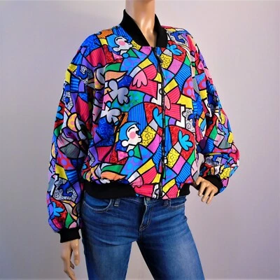 Chaqueta de bombardero satinado Romero Britto vintage años 90 arte pop para mujer talla L Foto 1 de 4