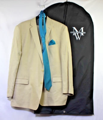 Calvin Klein 3 Piece Suit Men's Linen 40R Pants 36x32 Tie, Handkerchief, and Bag - Image 1 of 4