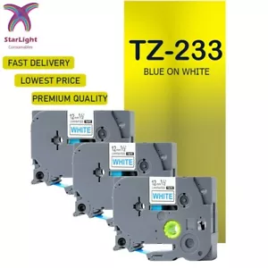 3 Label Tape Compatible With Brother Blue on White TZe233 PT-1000 1005BTS 1005F - Picture 1 of 7