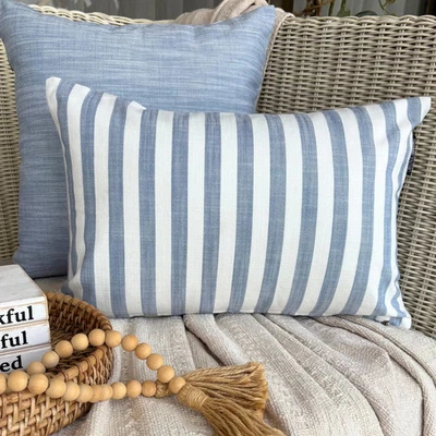 Blue Cotton Decorative Lumbar Pillow Cover Striped for Sofa Bed- Lush Lines Blue - Image 1 of 4