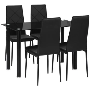 Dining Table Set Glass Top Four Chairs Faux Leather Padded Compact Kitchen Black - Picture 1 of 12