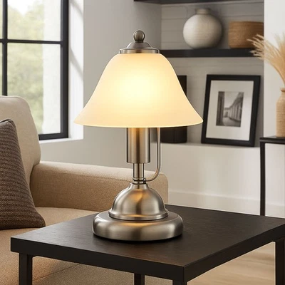 Lampada da Tavolo Comodino Alabatro Vetro Nichel Opaco Toccare - Immagine 1 di 4