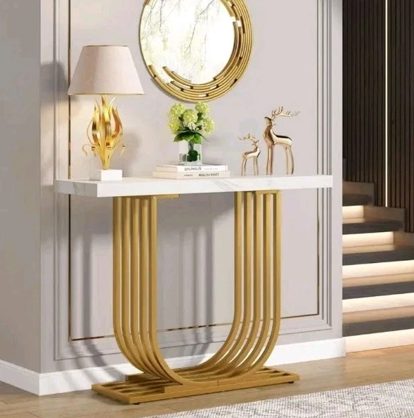 Console Table Golden Sturdy U-Metal Legs And White Faix Marble Top-Easy Assembly - Image 1 of 4