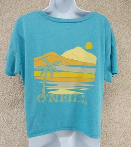 O’Neill Damen Crop Graphic Tee Blau Größe Large Palme Sonnenuntergang Top - Bild 1 von 14