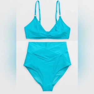Neu mit Etikett Aerie FULL SET Beach Babe Glanz gerippter Voop + hoch taillierter Crossover blau - S - Bild 1 von 6