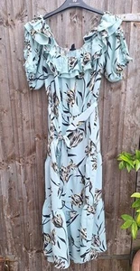 River Island Aqua Mint Blue Ruffle Bardot Tiered Midi Belt Dress 14 Was £42 VGC - Picture 1 of 11
