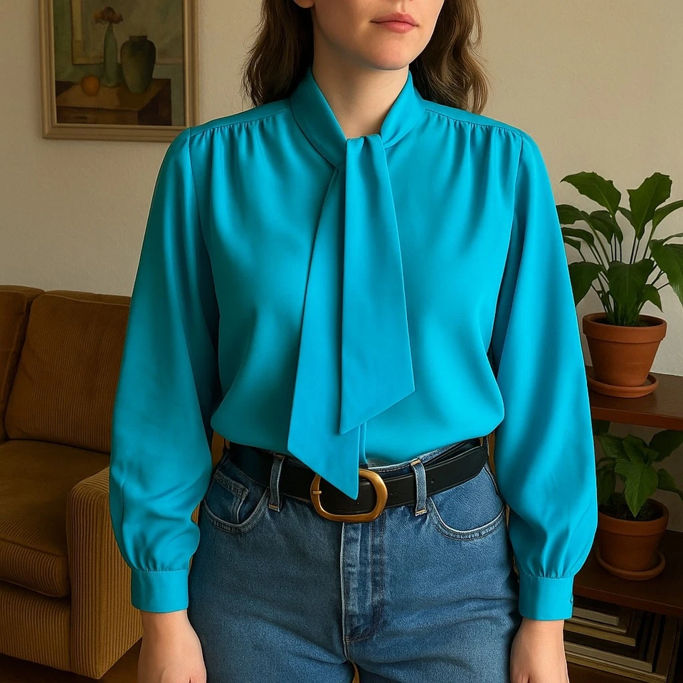 Vintage Turquoise Secretary Blouse 80s Long Sleeve Tie Neck Womens Size XL - Image 1 of 4