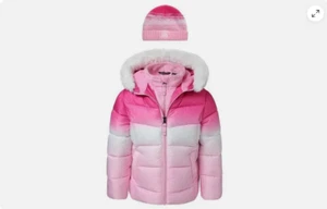 SNOZU GIRLS HOODED PUFFER FLEECE INNER BIB MATCHING KNIT HAT(PINK OMBRE 2T)NWT - Picture 1 of 6
