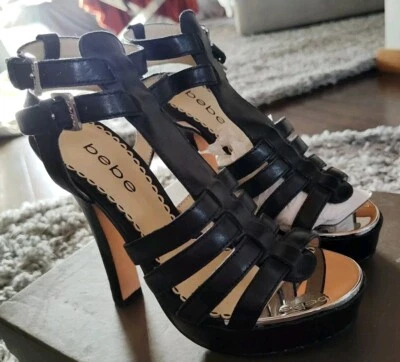 BEBE Tacones Zapatos de Plataforma CÓRCEGA Tirantes Cuero Negro Talla 6 NUEVO EN CAJA NUEVO Foto 1 de 4