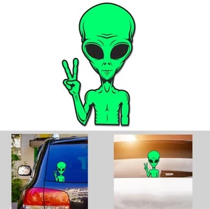 Funny Alien Car Sticker Peace Sign Decal UFO Space Extra Head Vinyl Car Bumper - Picture 1 of 3