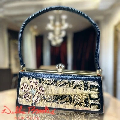 Debbie Brooks 黑色花卉蛇皮设计师手提包手拿包 S — 第 1/4 张图片