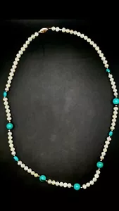 18.29 Gram Cultured Pearl Necklace Turquoise & 14k Gold Spacers & Filigree Clasp - Picture 1 of 17