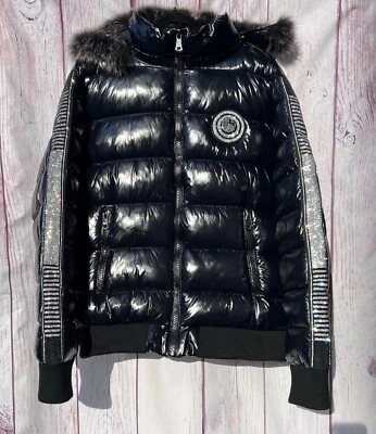 SWITCH REMARKABLE Men’s Puffer Coat Jacket Studded Insulated Fur Hood Black XL - Image 1 of 4