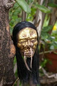 LONG HAIRED GOLD FACE SHRUNKEN HEAD MIRROR DANGLE 50s  - Picture 1 of 5