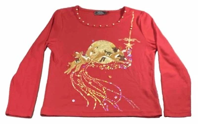 Top de vacaciones vintage Lisa International para mujer pequeño bordado lentejuelas rojo talla PS Foto 1 de 4
