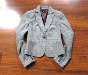 SISLEY ~ Size 40 ~ Gray Hatched Plaid Single Button Fitted Blazer Jacket c6 - Picture 1 of 7
