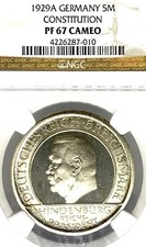 Germany, Weimar Republic, 1929A, 5 Mark, CONSTITUTION, Thaler, NGC PF 67 CAMEO