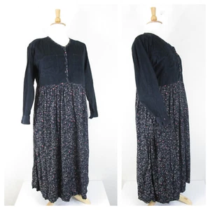 Vintage Übergröße bescheiden schwarz Cord Samt Blumenmuster lang Maxi-Shirt Kleid 2X - Bild 1 von 9
