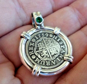 Genuine 1754 1 Reales Silver Spanish Treasure Cob Coin with Emerald Mount - Picture 1 of 12