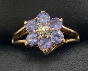 ANELLO ORO 9 CT TANZANITE DIAMANTI MISURA MINUSCOLA H - Foto 1 di 11