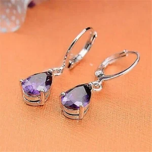 2Ct Pear Simulated Amethyst Women's Drop Dangle Earrings 14k White Gold Plated - Picture 1 of 4
