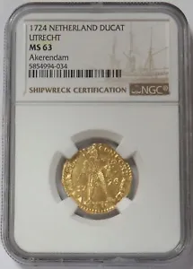 1724 NETHERLAND VOC GOLD DUCAT SALVAGED 1725 AKERENDAM SHIPWRECK COIN NGC MS 63 - Picture 1 of 4