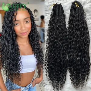 Crochet Boho Box Braids With Human Hair Curls Pre Looped Box Braids With Curly - Picture 1 of 14