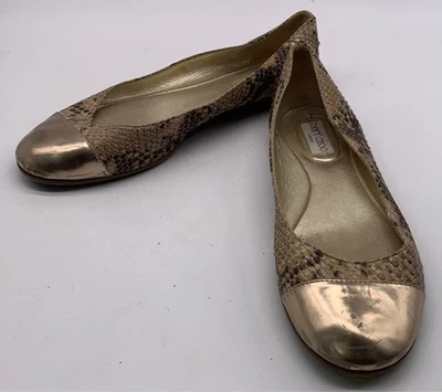 Jimmy Choo Womens Beige Metallic Gold Cap Toe Reptile Embossed Flats sz 41 WORN - Image 1 of 4
