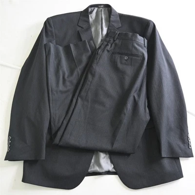 J. Ferrar 44R 32x30 Black Striped 100% Wool Mens Jacket Pants Suit - Image 1 of 4