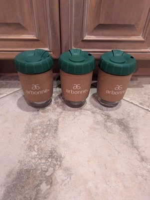 LOTE DE 3 VASOS DE VIAJE DE VIDRIO ARBONNE FRÍO/CALIENTE con TAPA DE SILICONA Y CORCHO KOOZIE Foto 1 de 4