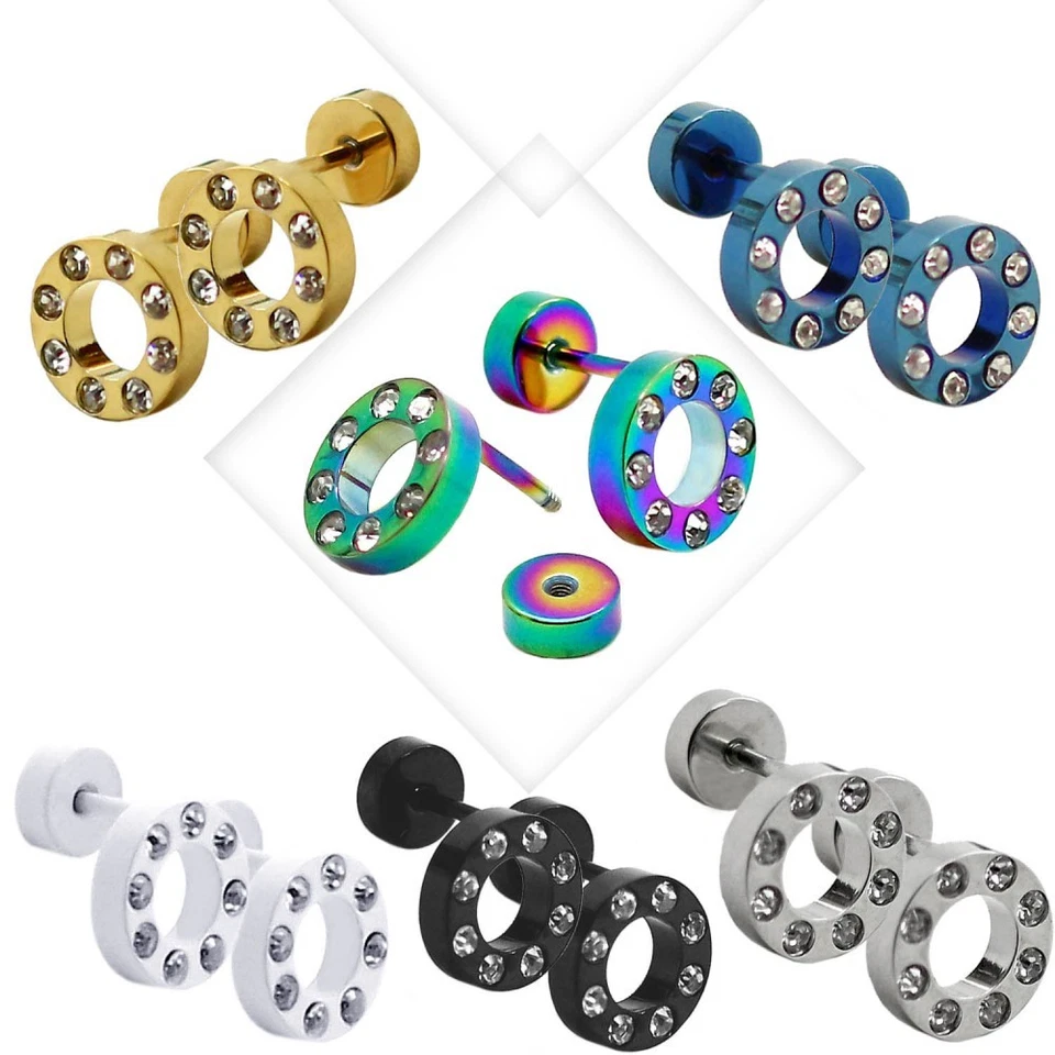 2x Strass Ohrringe Rund Fakeplugs Edelstahl Glitzer Loch Ohrstecker Tunnel Weiß - Bild 1 von 1