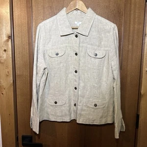 J Jill Beige Tan 100% Linen Jacket Blazer Cardigan Pockets Button Front Large - Picture 1 of 5