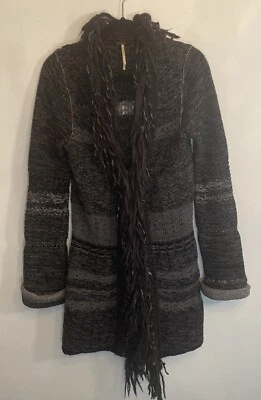 Free People Womens Wool Sweater Coat Boho Retro Black Cardigan Multi Knit Fringe - Image 1 of 4
