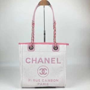 Auth CHANEL Deauville Tote PM Tote Bag Pink Straw Canvas Leather 2015-2016 a64 - Picture 1 of 24