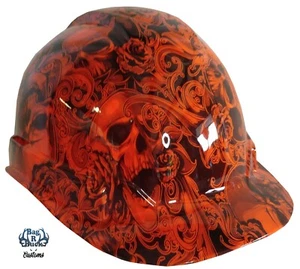 Hydro Dipped Hard Hat Hi-Vis High Gloss Orange Filigree Skulls 6 Point Harness - Picture 1 of 7