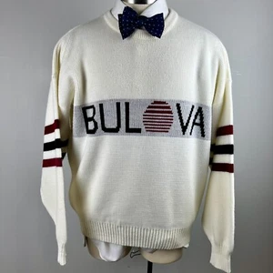 COOL VTG 80s Bulova Watch M Medium acrylic wool blend sweater spell out stripe - Picture 1 of 9