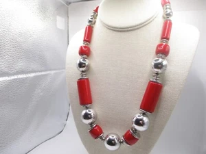 De Colección Grueso Años 80-1990 Rojo Brillante Cromo Color Declaración Collar Cuentas 19" 0062 - Imagen 1 de 5
