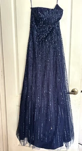 Beautiful SMALL Sz 6 strapless dark blue sequined ball or prom gown 2 crinolines - Picture 1 of 8