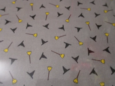 1 Fat Quarter New Cotton Fabric Halloween Tiny Black Hats and Brooms on Gray - Image 1 of 4