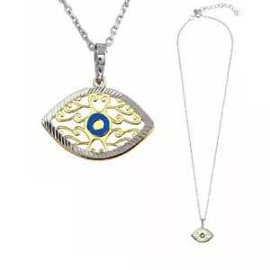 Argento Sterling Collana W/ Blu Smalto Centro 2-Tone 2-Pieces Malocchio Ciondolo - Foto 1 di 7