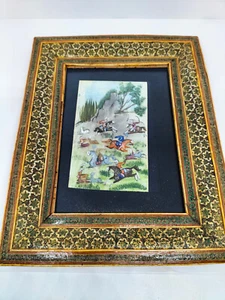 Antico quadro Medio Oriente scena di caccia olio dipinto su osso - Foto 1 di 7