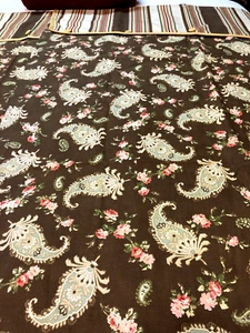 Waverly Paisley Floral Stripe Curtain Panels 2 Long Brown Green Red Cotton Flaw - Picture 1 of 10