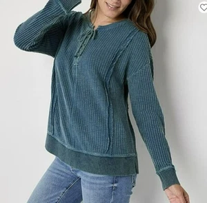 Frye and Co donna blu waffle maglia termica boho stringata manica lunga western S - Foto 1 di 11