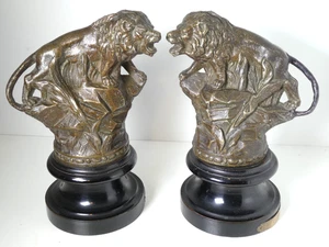French Art Nouveau Bronzed Spelter Roaring Lions Statue on Wood Plinths Antique - Picture 1 of 19
