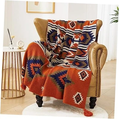 Chair Throw Blankets, Acrylic Knitted Southwest 60”x80” Rusted Brown Navy White - Image 1 of 4