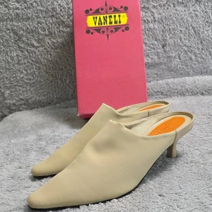 VTG NEW Vaneli Beige Lt Tan Stretch Pointed Toe Kitten Heel Mules Size 10M - Picture 1 of 6