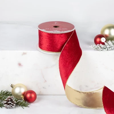 Northlight 12 Solid Wine Red Gold Wired Christmas Ribbon Spools - 2.5" - Image 1 of 4