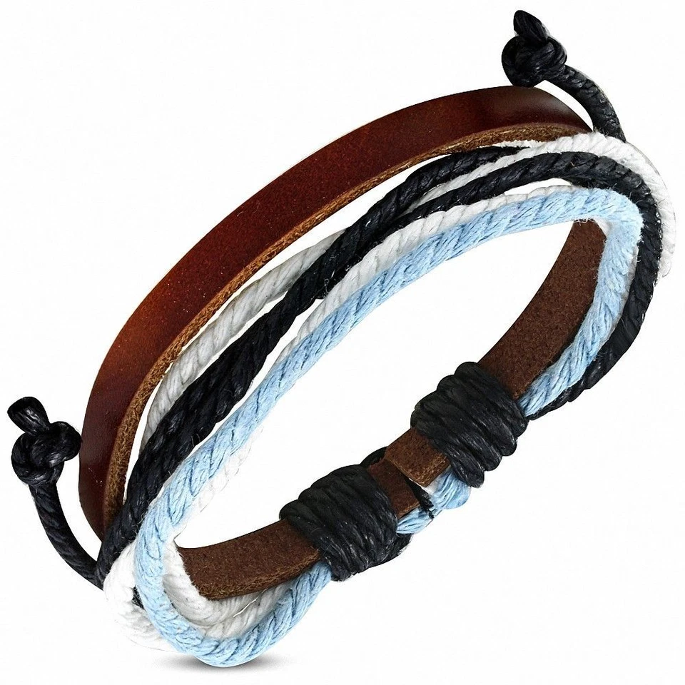 Armband Mann aus Braunem Leder Mit Schnur Weiß Blau 024 - Bild 1 von 1