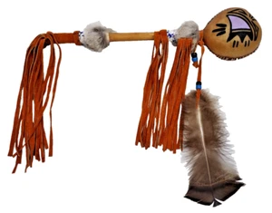 VTG Authentic Native American Rawhide Beaded Rattle Feather Fur Apache or Navajo - Picture 1 of 10